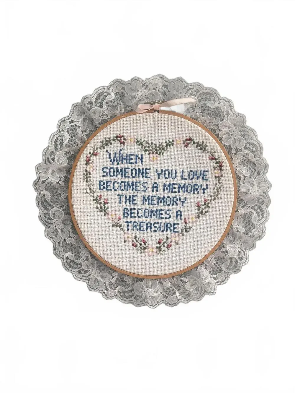 Vtg Handmade Cross Stitch Memorial Quote Wall Decor Lace Trim Embroidery Hoop
